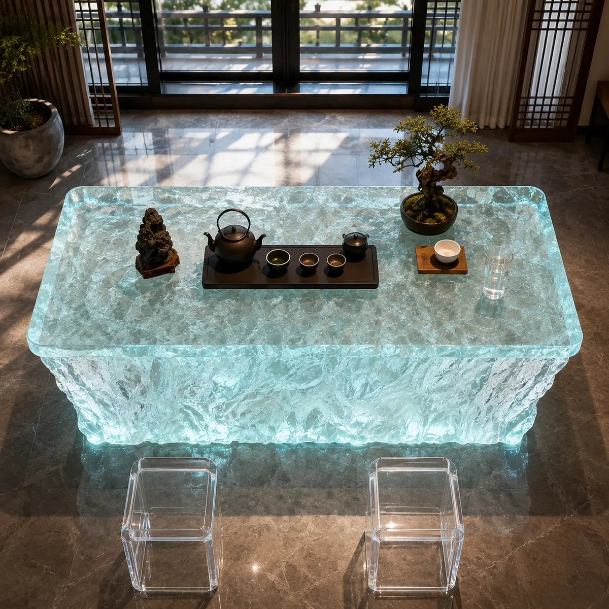 Cyan Ice‑Crush Resin Acrylic Tea Table
