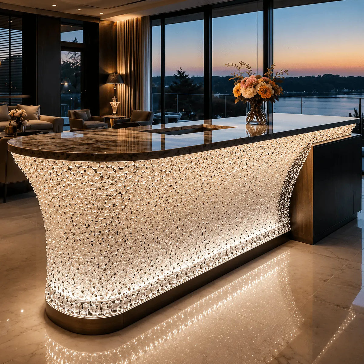 Illuminated Crystal Texture Curved Acrylic Kitchen Island