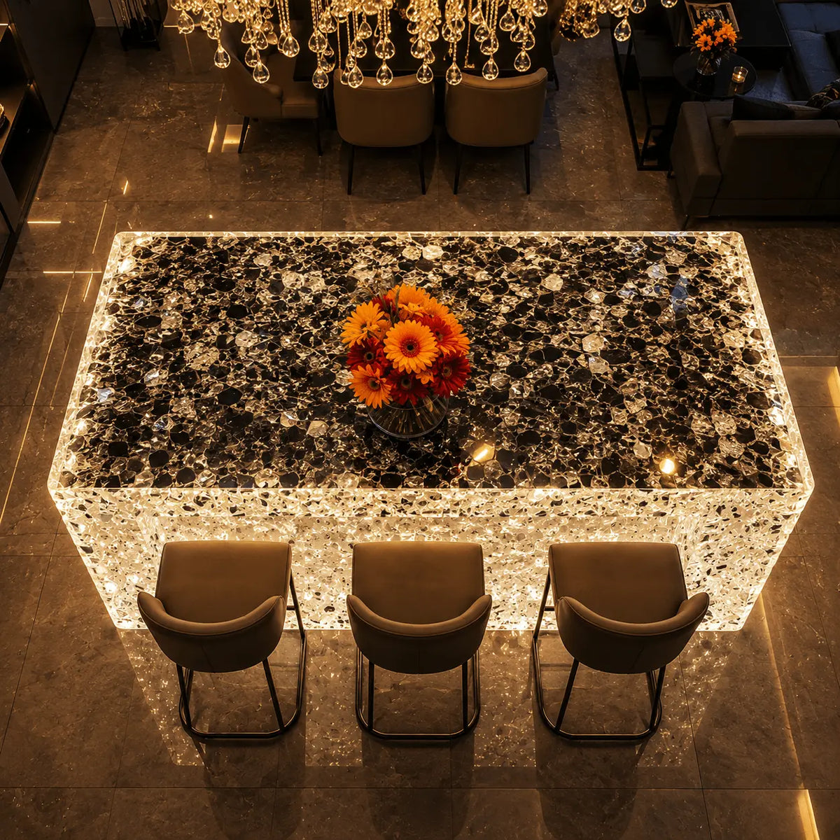 Illuminated Crushed Crystal Terrazzo Translucent Acrylic Kitchen Island