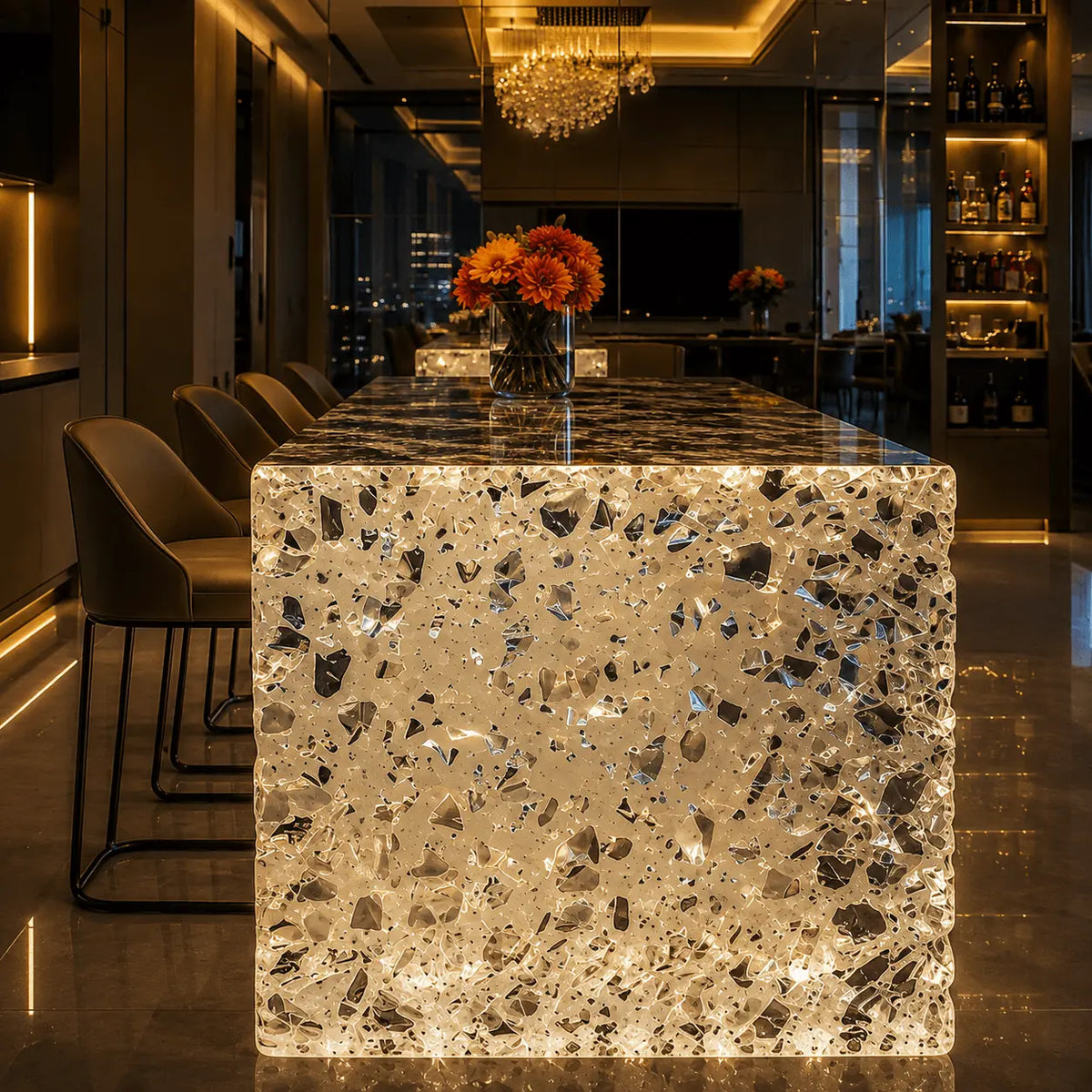 Illuminated Crushed Crystal Terrazzo Translucent Acrylic Kitchen Island