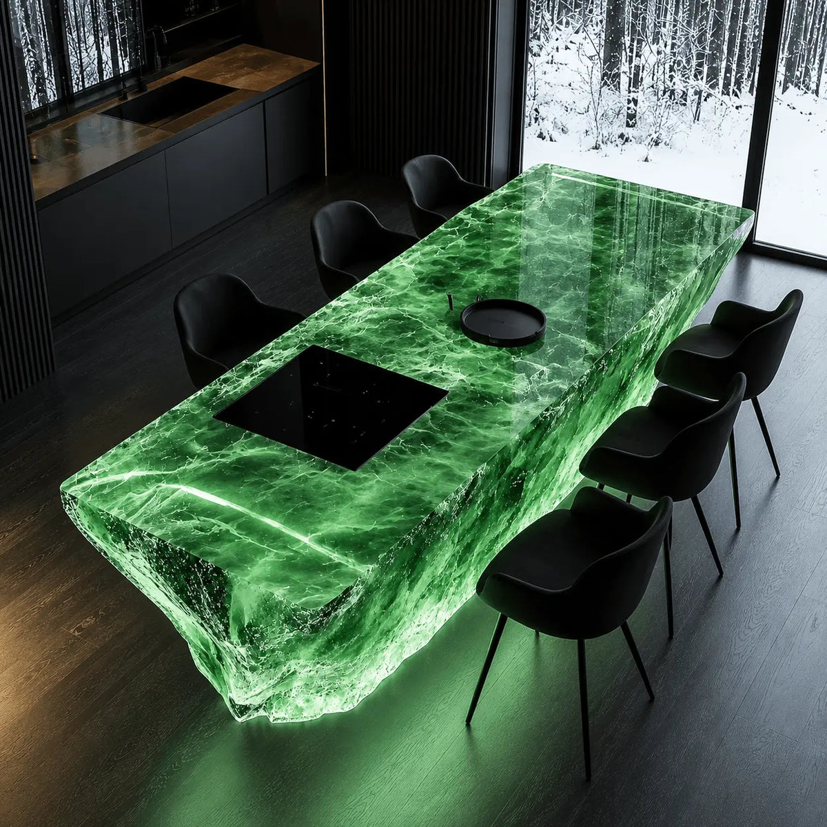 Illuminated Green Jade Veined Translucent Acrylic Raw Rock Kitchen Island