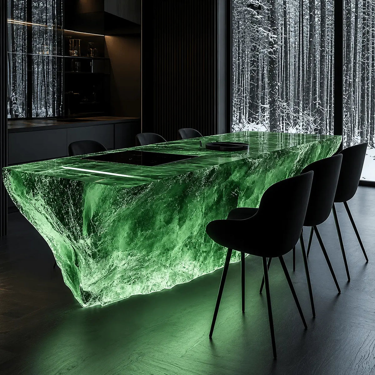 Illuminated Green Jade Veined Translucent Acrylic Raw Rock Kitchen Island