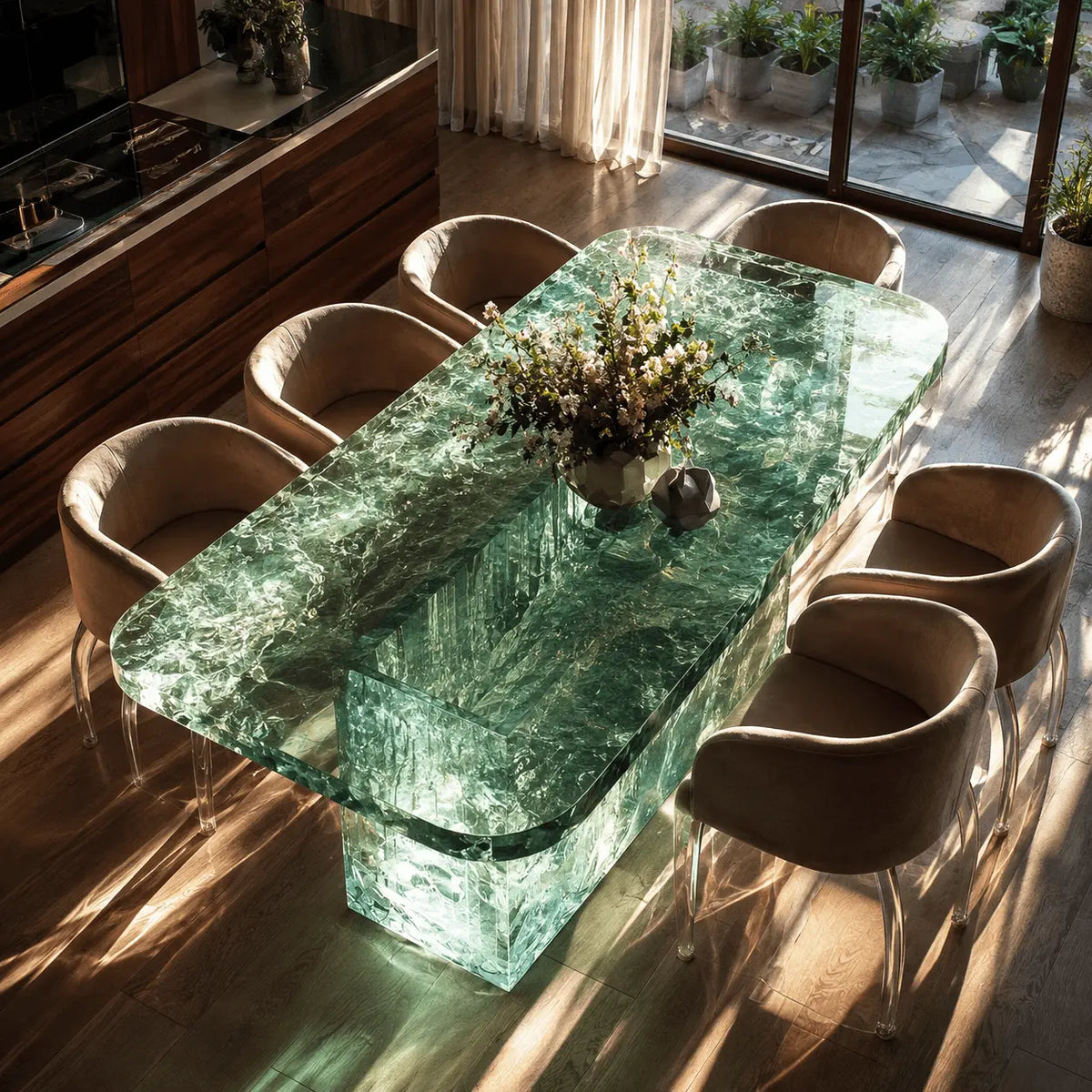 Emerald Crushed Crystal Translucent Acrylic Rounded Rectangle Dining Island Table