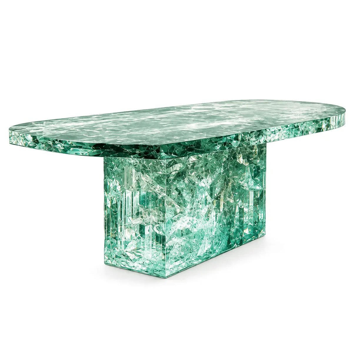 Emerald Crushed Crystal Translucent Acrylic Rounded Rectangle Dining Island Table