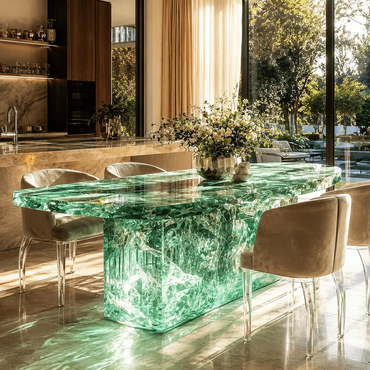 Emerald Crushed Crystal Translucent Acrylic Rounded Rectangle Dining Island Table