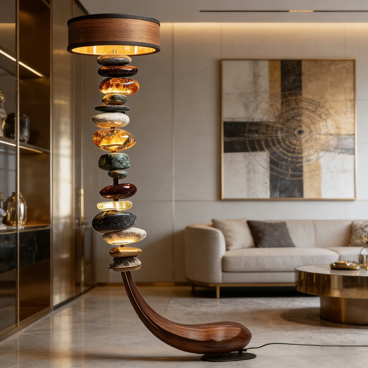 Curved Wood Base Stacked Stone Floor Lamp