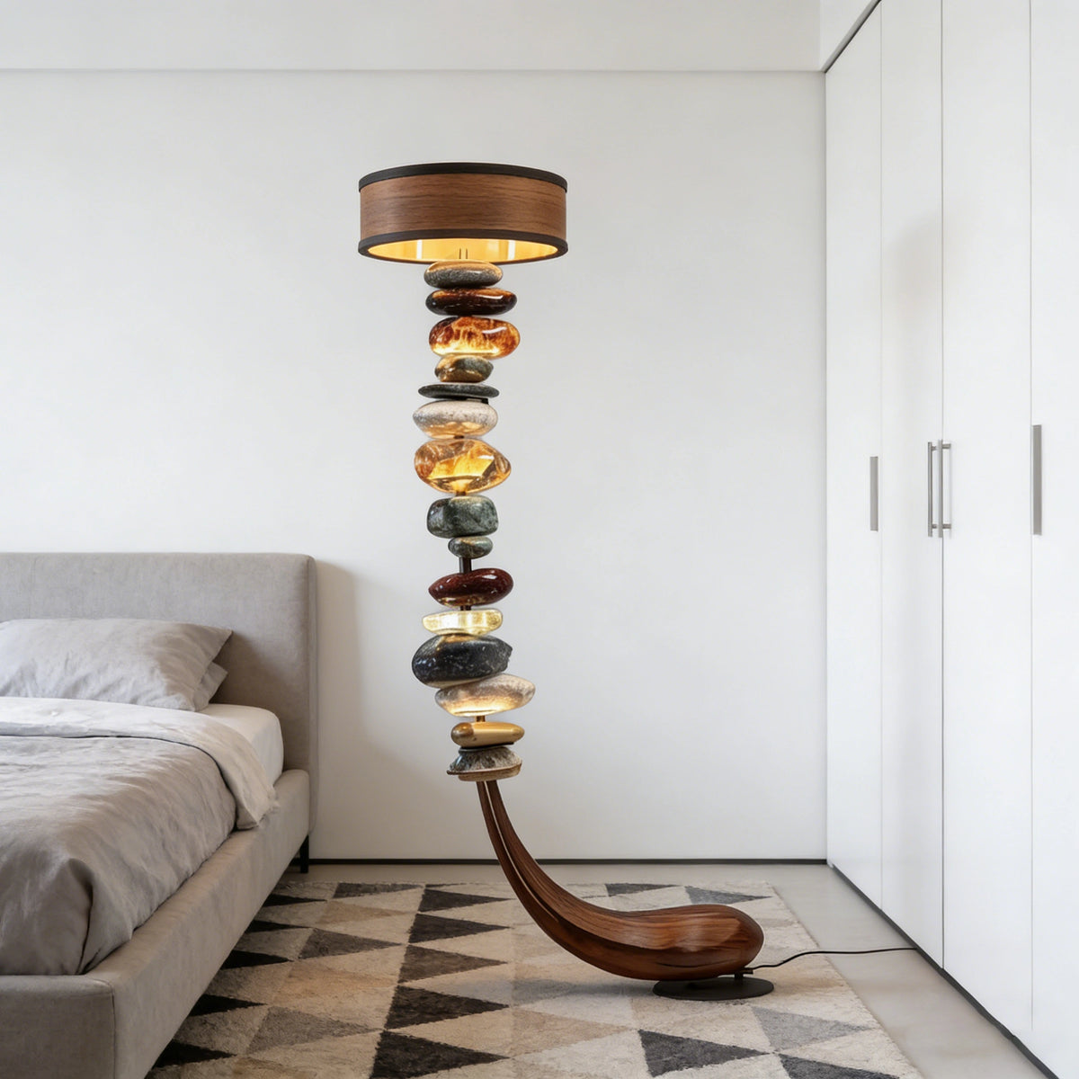Curved Wood Base Stacked Stone Floor Lamp