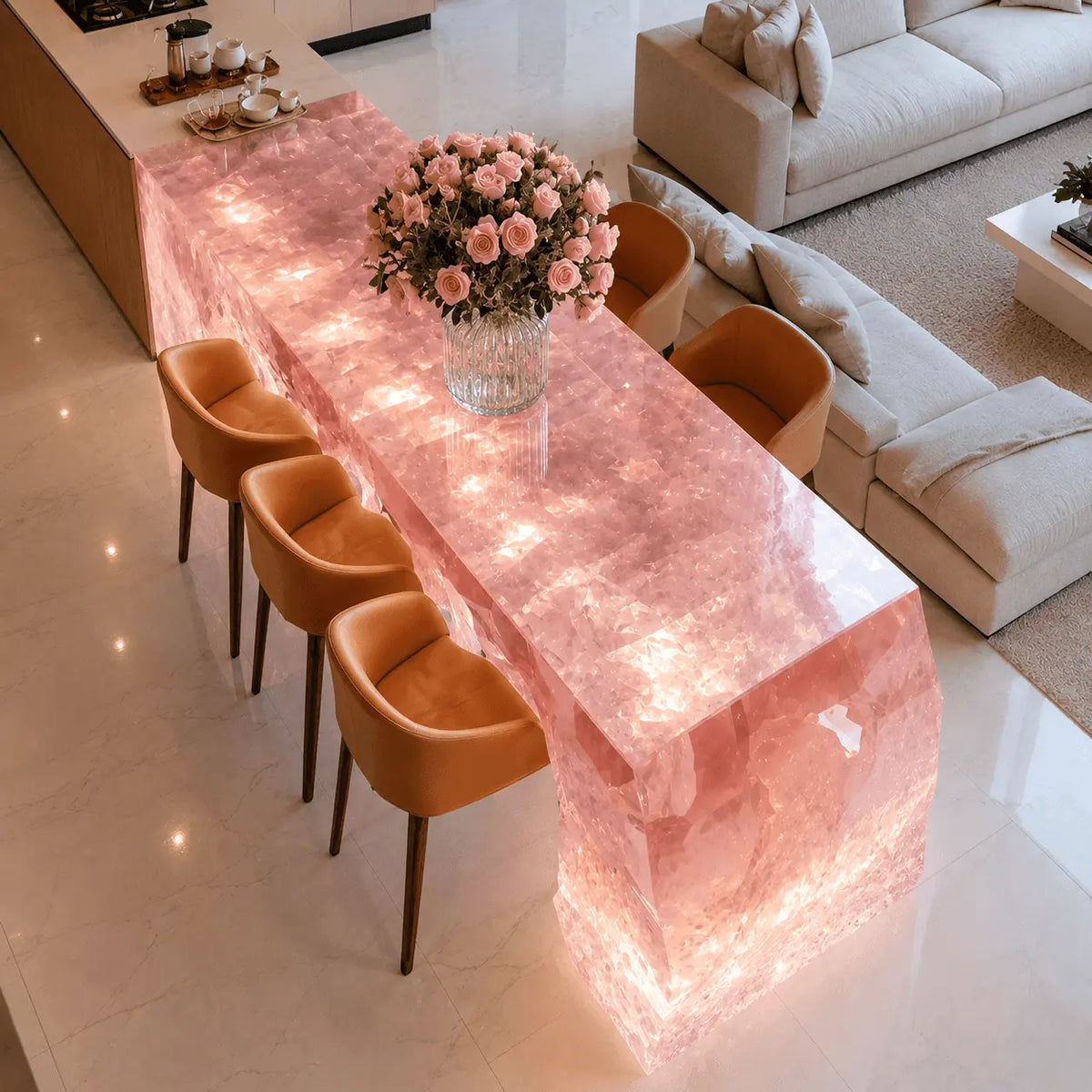 Pink Rose Quartz U-Shape Translucent Acrylic Kitchen Island Table