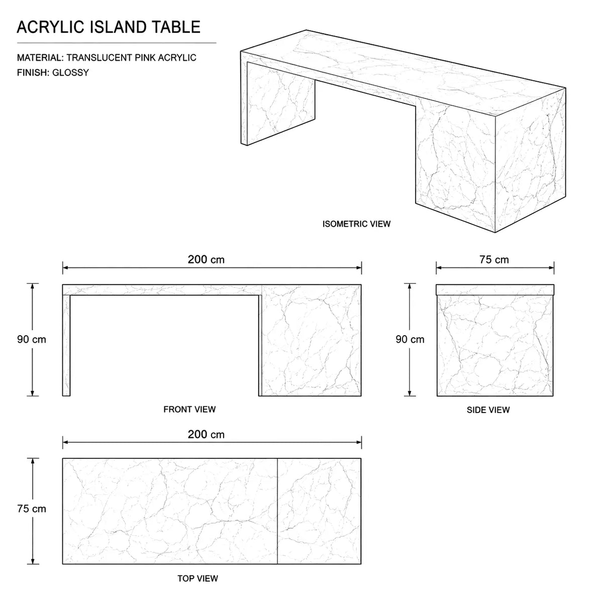 Pink Rose Quartz U-Shape Translucent Acrylic Kitchen Island Table