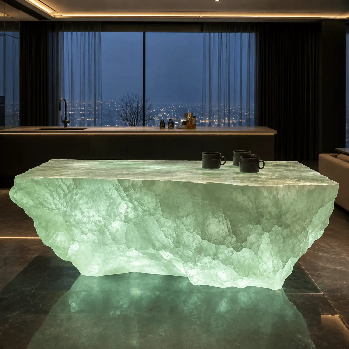 Pale Jade Raw Stone Irregular Translucent Acrylic Solid Block Kitchen Island Table