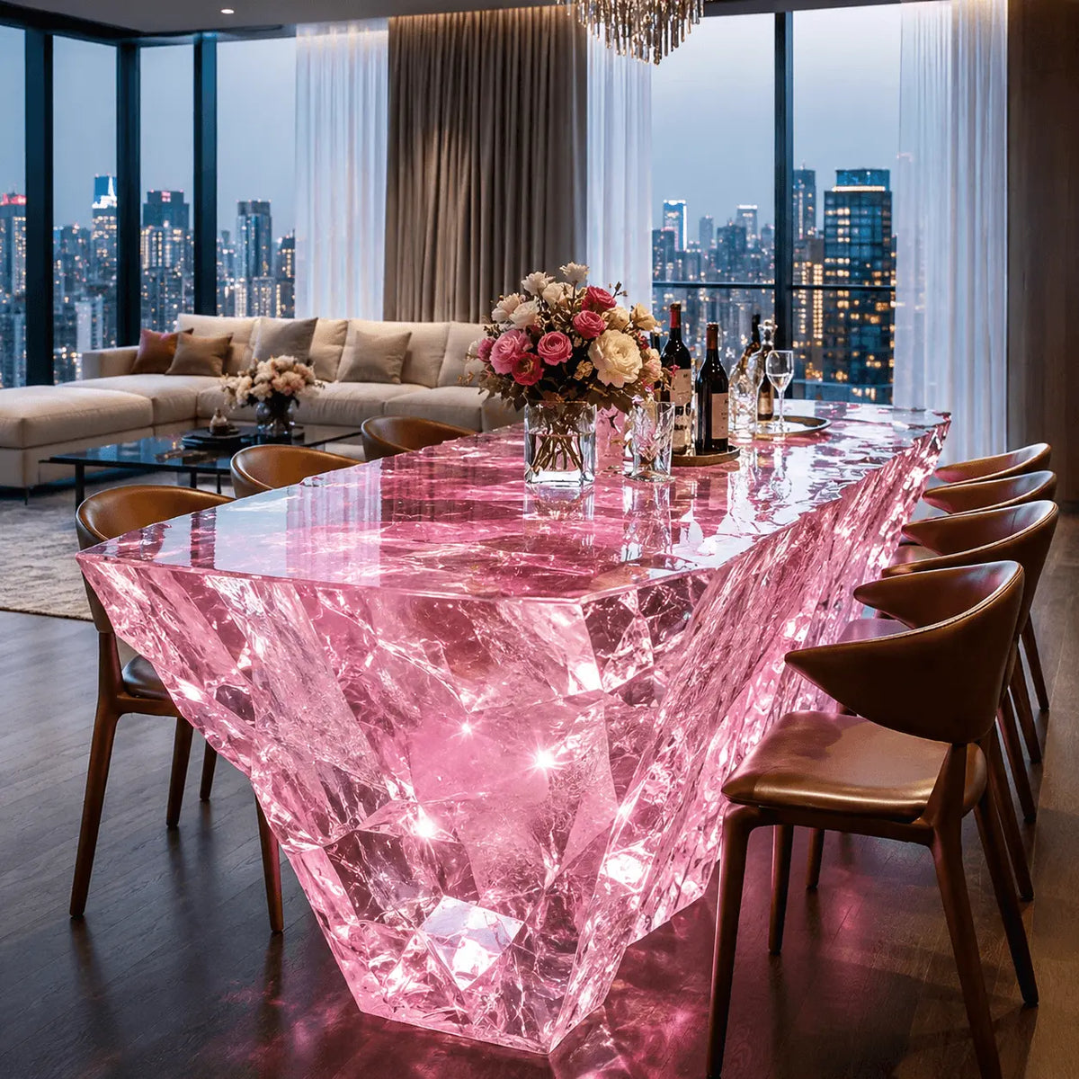 Pink Crystal Cracked Translucent Acrylic Solid Block Dining Island Table
