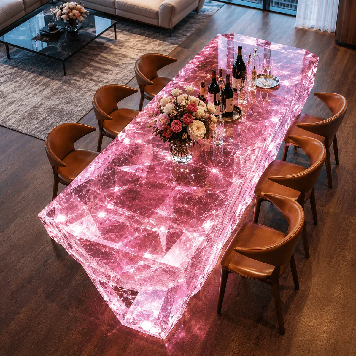 Pink Crystal Cracked Translucent Acrylic Solid Block Dining Island Table