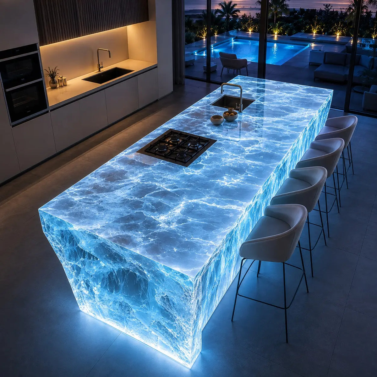 Blue Ice Cracked Translucent Acrylic Solid Block Kitchen Island Table