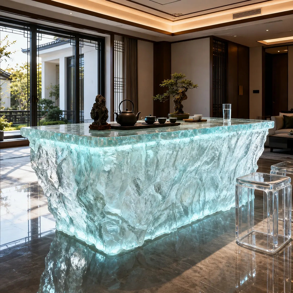 Cyan Ice‑Crush Resin Acrylic Tea Table