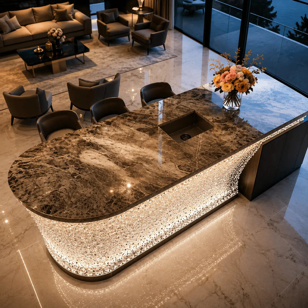 Illuminated Crystal Texture Curved Acrylic Kitchen Island