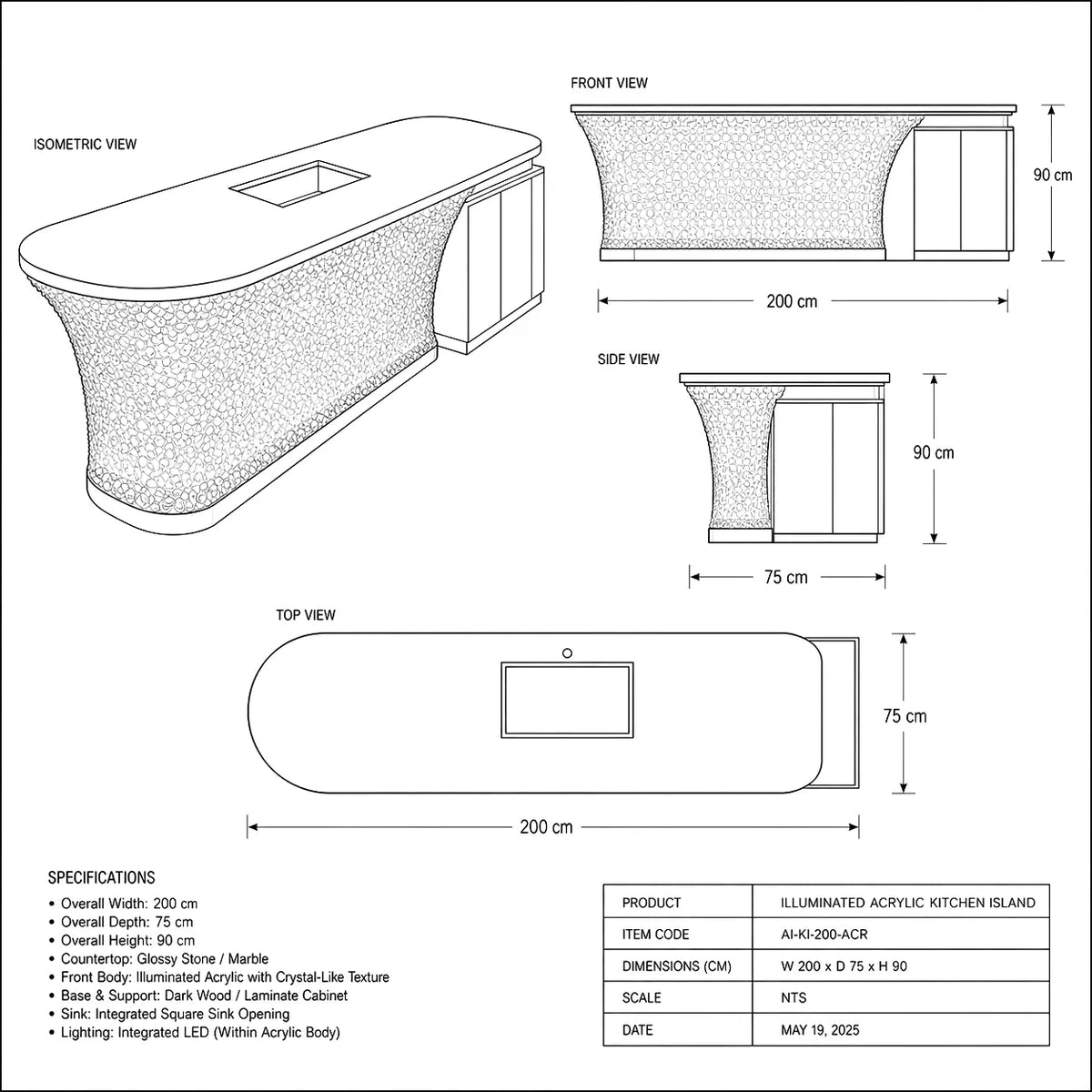 Illuminated Crystal Texture Curved Acrylic Kitchen Island