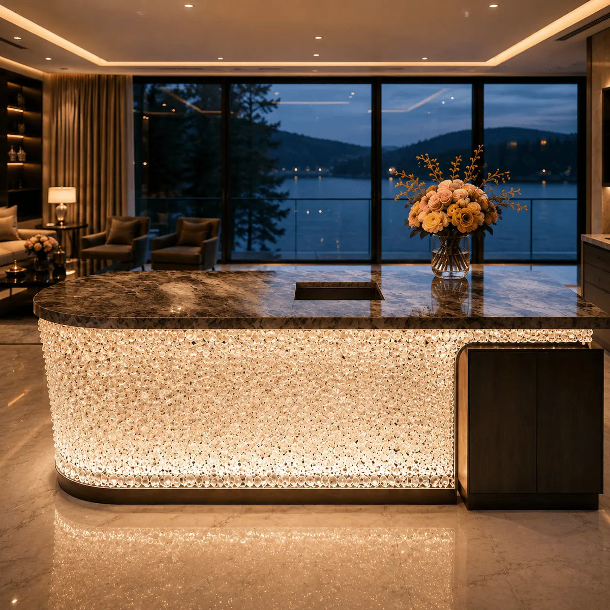 Illuminated Crystal Texture Curved Acrylic Kitchen Island