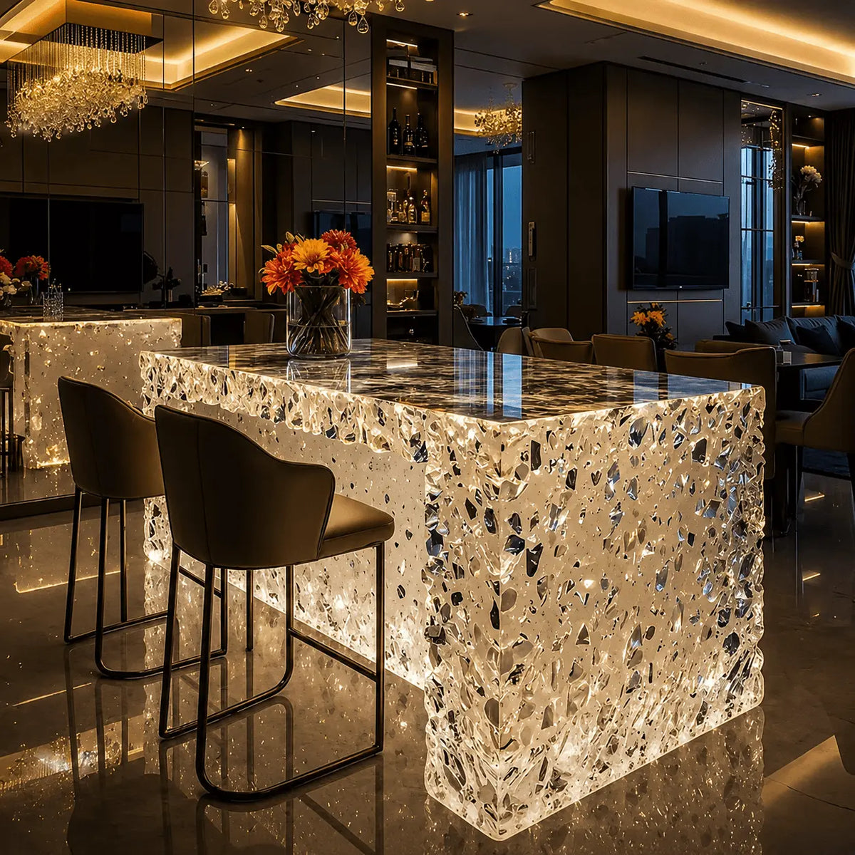Illuminated Crushed Crystal Terrazzo Translucent Acrylic Kitchen Island
