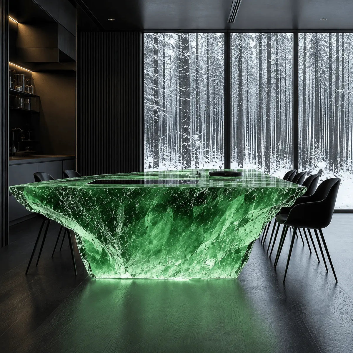 Illuminated Green Jade Veined Translucent Acrylic Raw Rock Kitchen Island