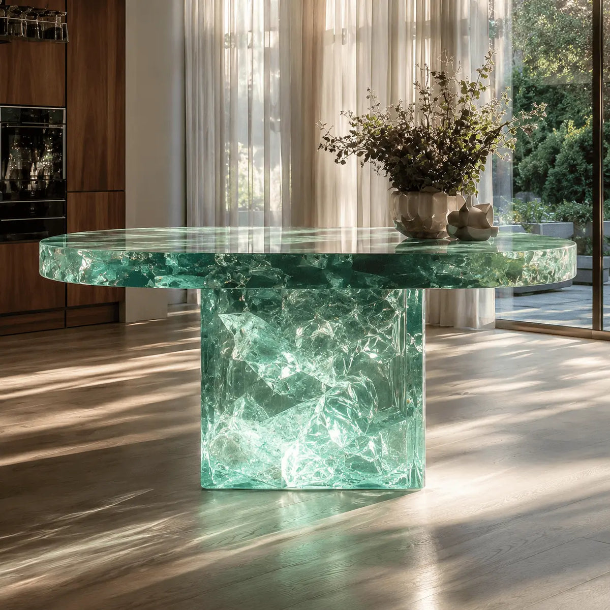 Emerald Crushed Crystal Translucent Acrylic Rounded Rectangle Dining Island Table