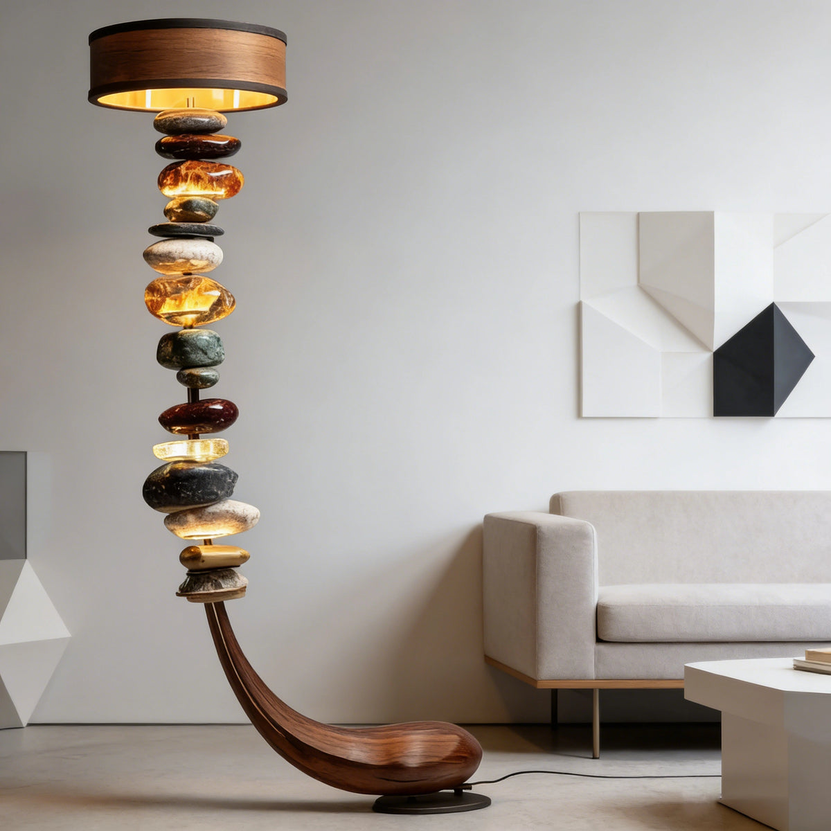 Curved Wood Base Stacked Stone Floor Lamp