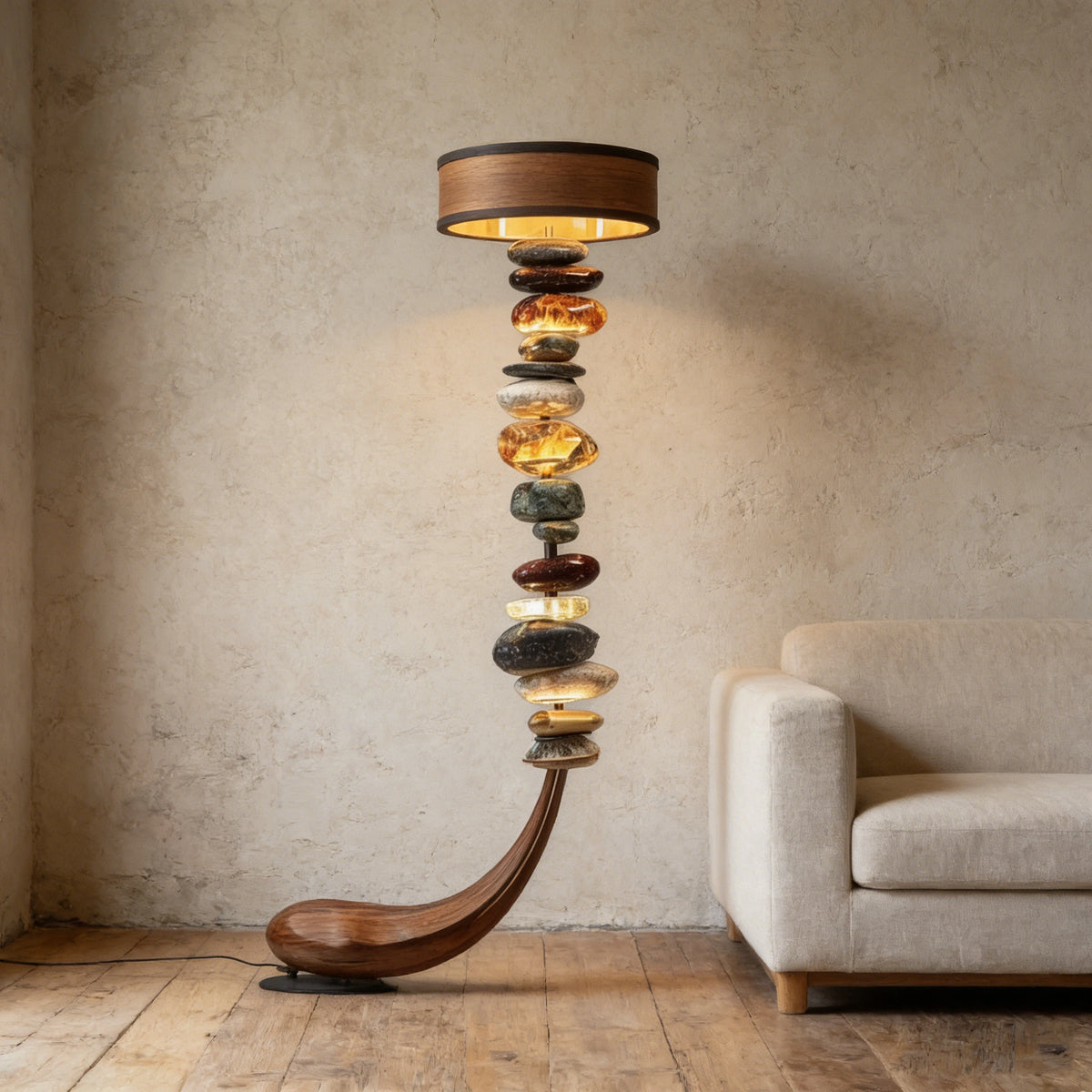 Curved Wood Base Stacked Stone Floor Lamp