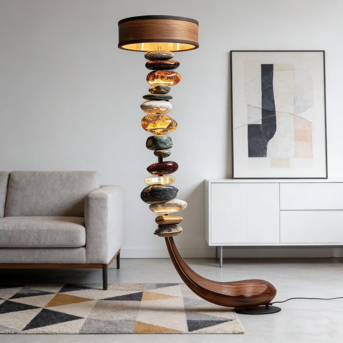 Curved Wood Base Stacked Stone Floor Lamp
