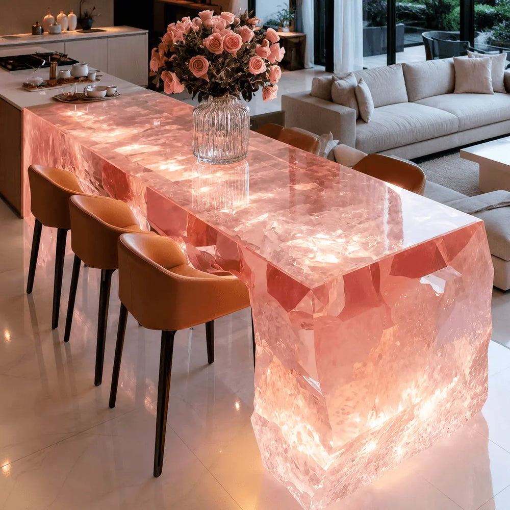 Pink Rose Quartz U-Shape Translucent Acrylic Kitchen Island Table