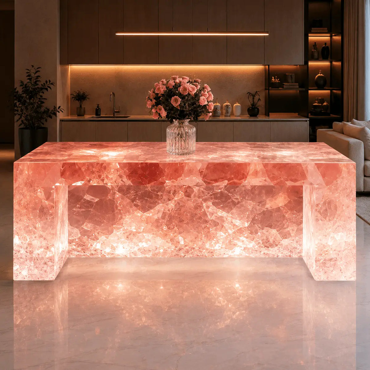 Pink Rose Quartz U-Shape Translucent Acrylic Kitchen Island Table