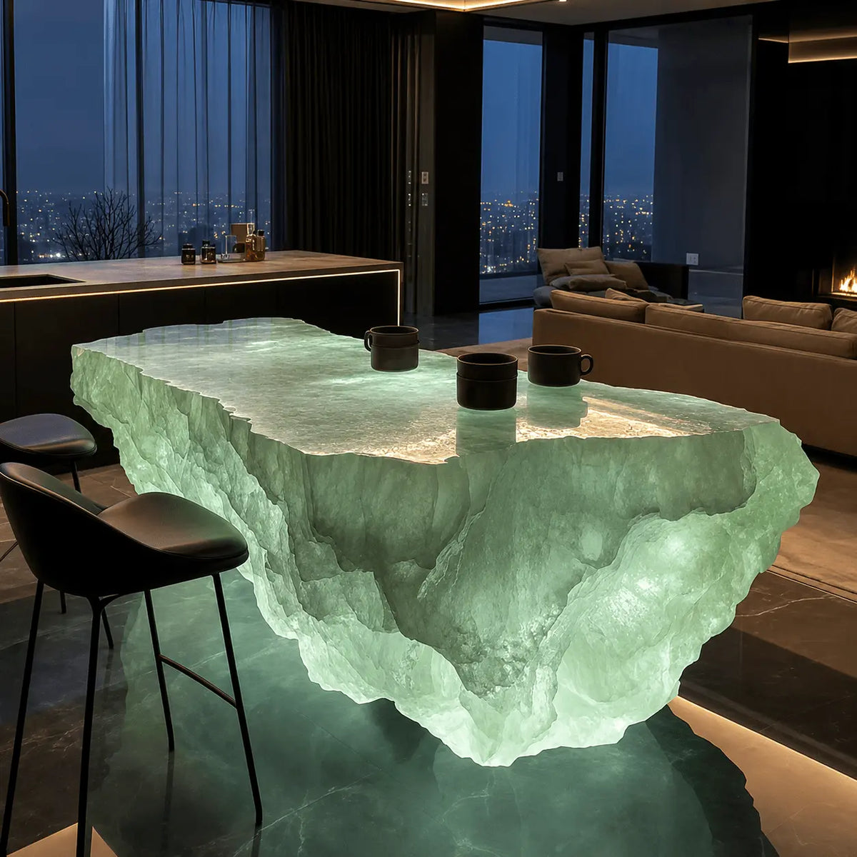 Pale Jade Raw Stone Irregular Translucent Acrylic Solid Block Kitchen Island Table