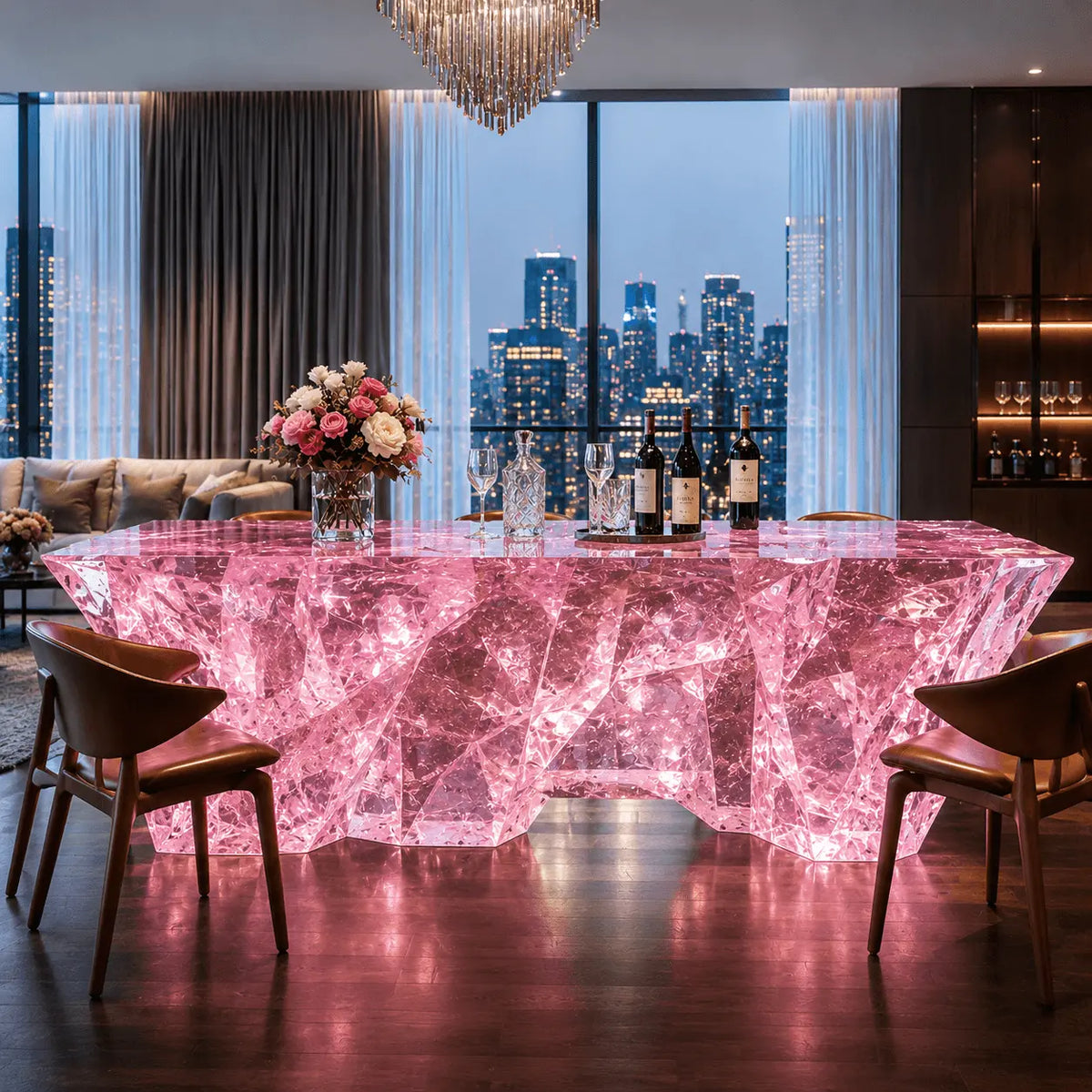 Pink Crystal Cracked Translucent Acrylic Solid Block Dining Island Table