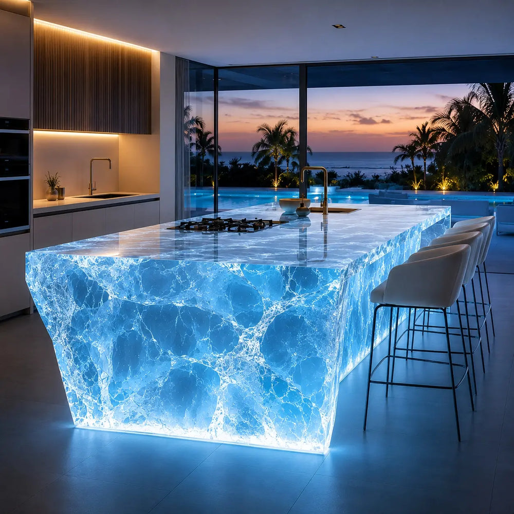 Blue Ice Cracked Translucent Acrylic Solid Block Kitchen Island Table