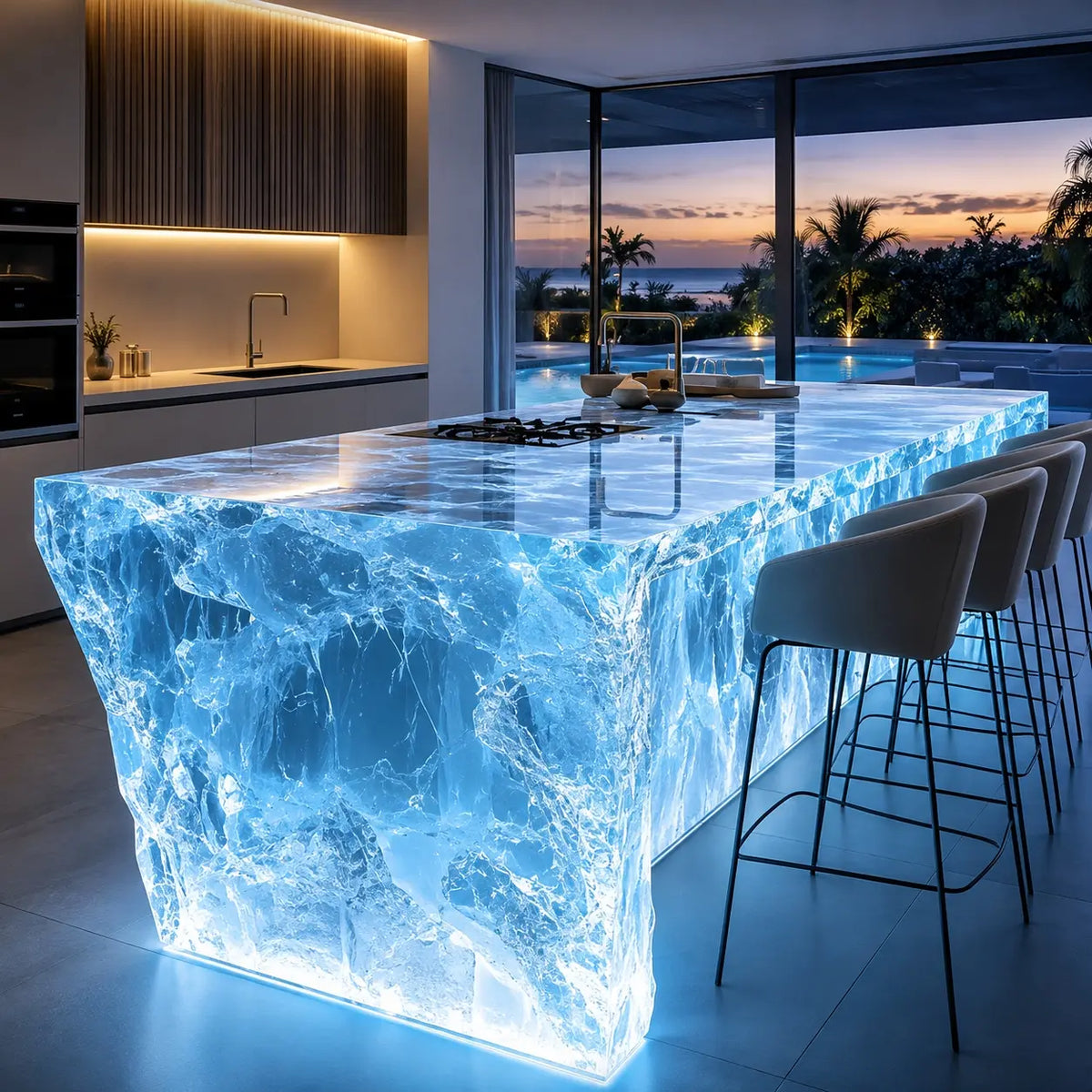 Blue Ice Cracked Translucent Acrylic Solid Block Kitchen Island Table