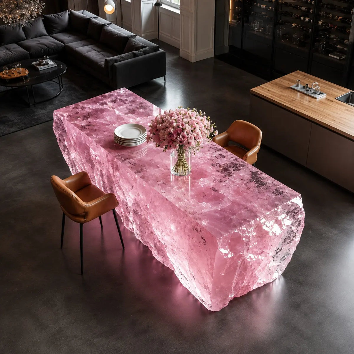 Pink Rose Quartz-Effect Acrylic Island Table
