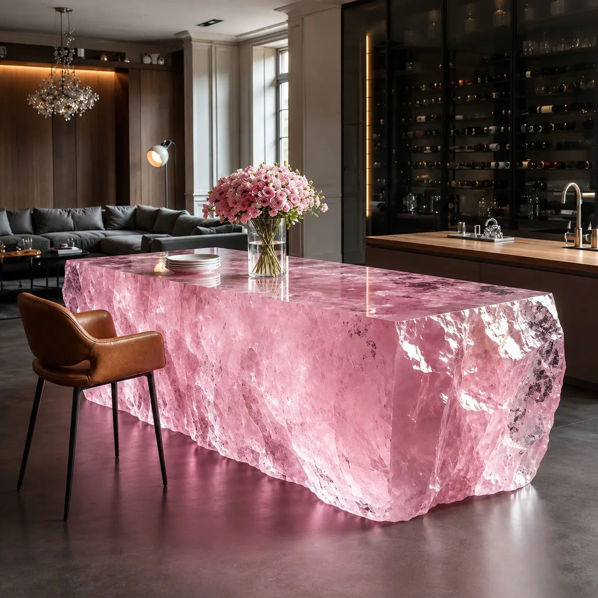 Pink Rose Quartz-Effect Acrylic Island Table