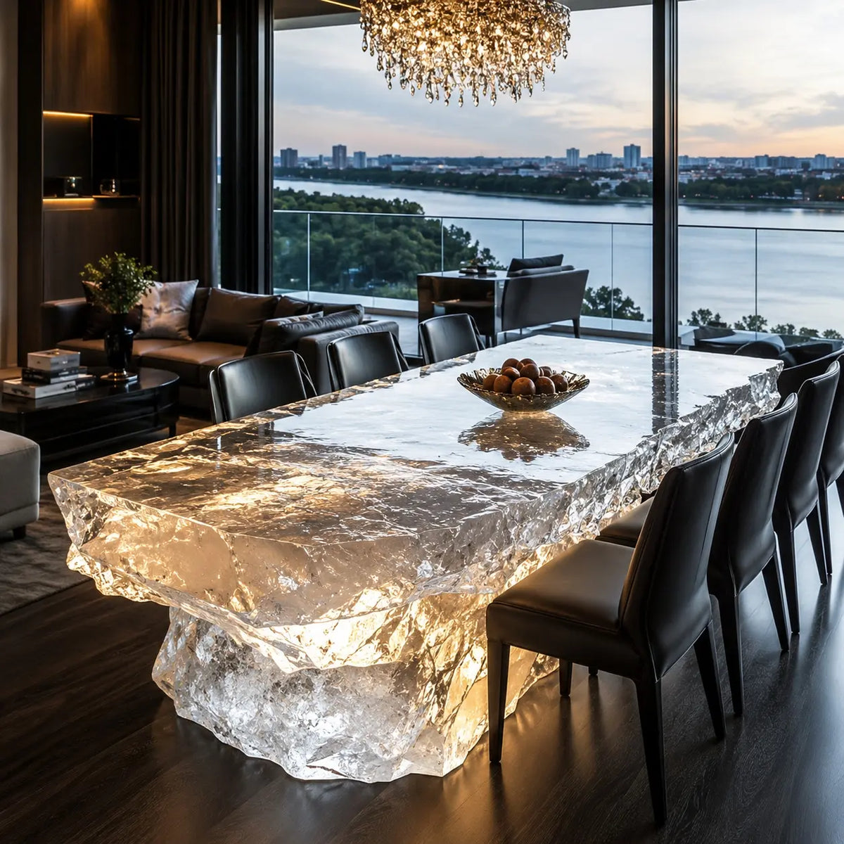 Clear Ice‑Crush Crystal Resin Acrylic Dining Table