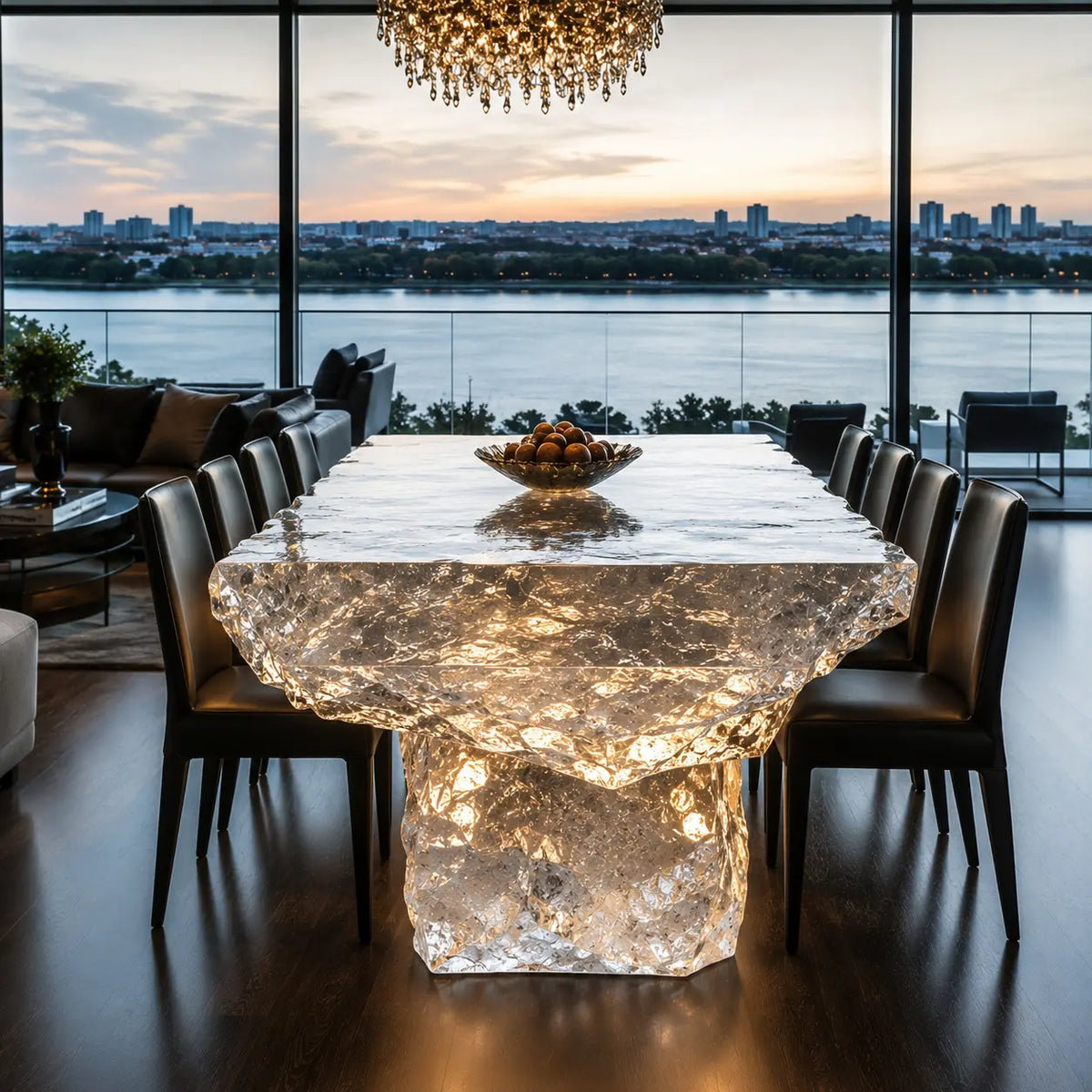 Clear Ice‑Crush Crystal Resin Acrylic Dining Table
